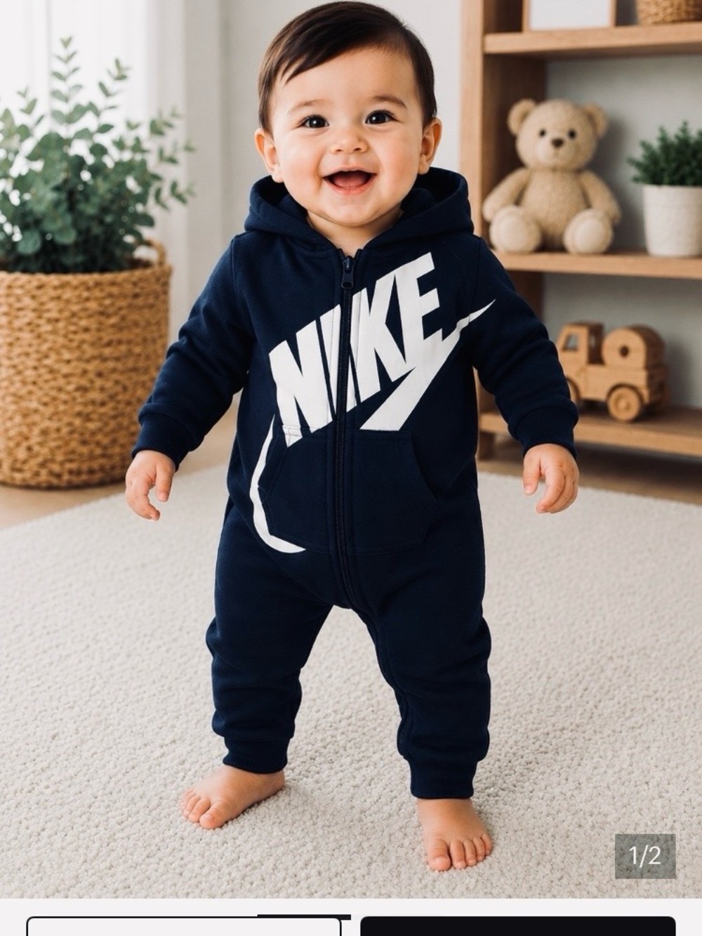 Like new Nike baby black and White Hooded One-Piece Footie 9M